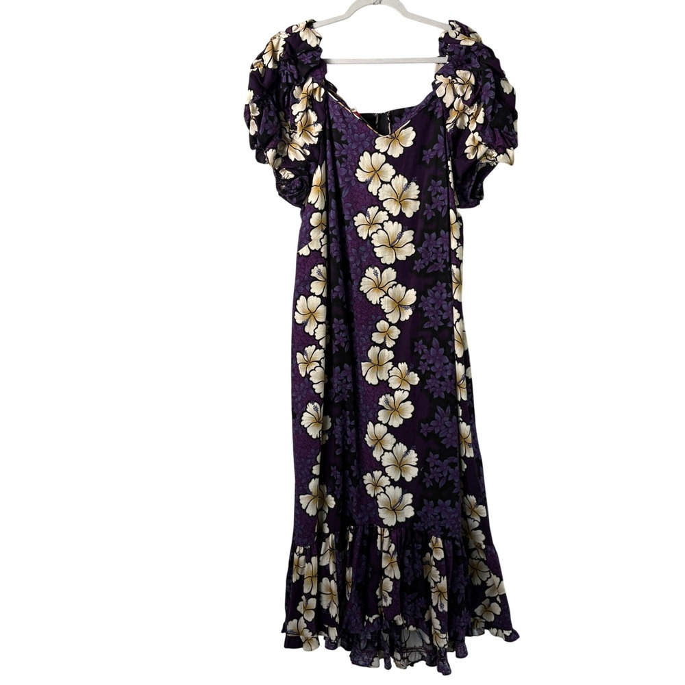 Hilo Hattie Muumuu Hawaiian Dress Size 1X Purple Hibiscus Floral Puff Sleeve